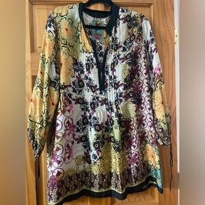 Johnny Was Multicolor Floral 100% Silk Pintuck Front Tie Sleeve Tunic